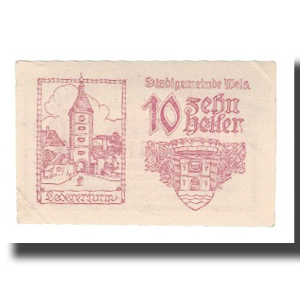 Geldschein, Österreich, Wels O.Ö. Stadtgemeinde, 10 Heller, Clocher, 1920