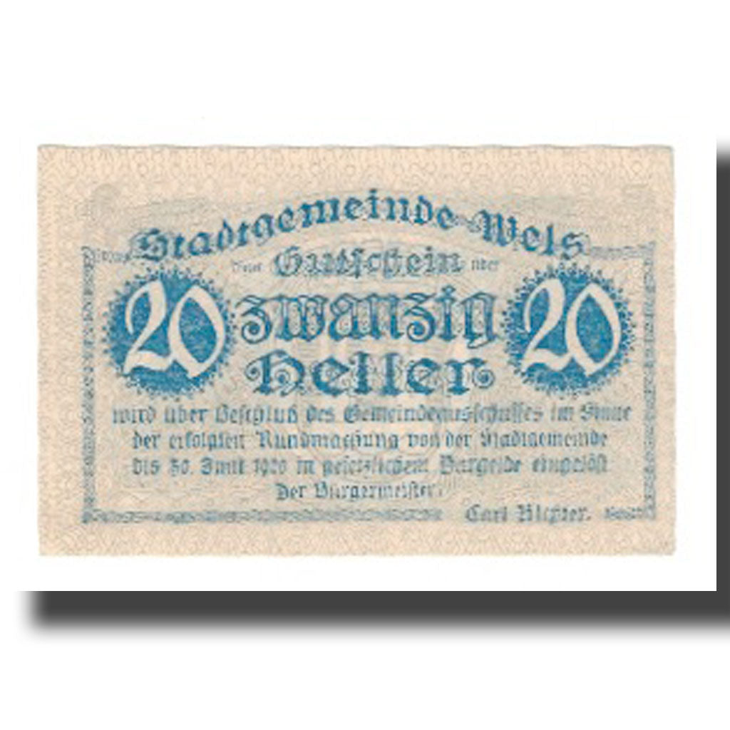 Banknote, Austria, Wels O.Ö. Stadtgemeinde, 20 Heller, Batiment, 1920