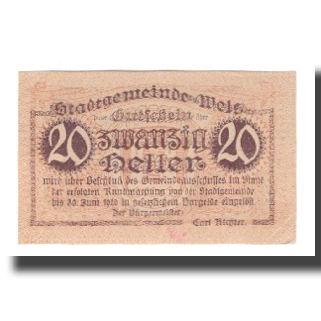 Banconote, Austria, Wels O.Ö. Stadtgemeinde, 20 Heller, batiment 1, 1920