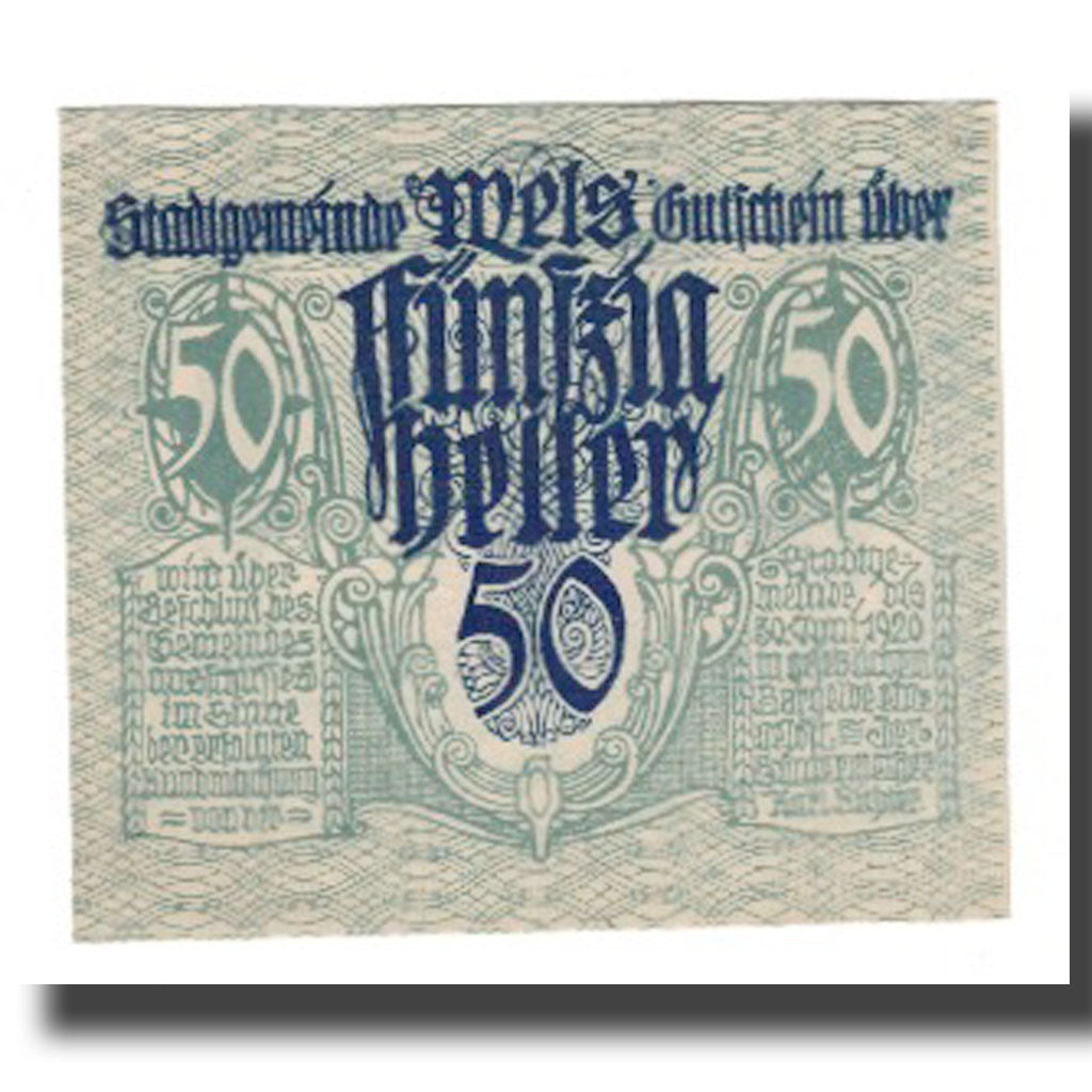 Banknot, Austria, Wels O.Ö. Stadtgemeinde, 50 Heller, cheval, 1920, 1920-06-30