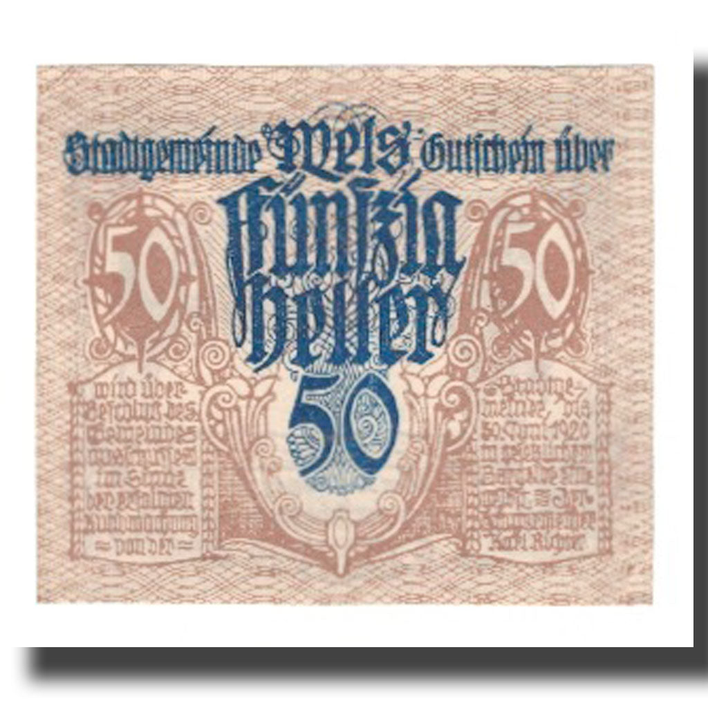 Banconote, Austria, Wels O.Ö. Stadtgemeinde, 50 Heller, Cheval 1, 1920