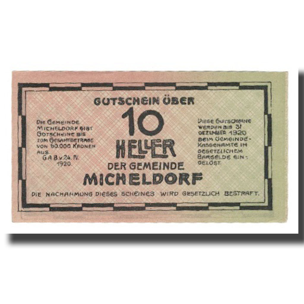 Banknot, Austria, Micheldorf O.Ö. Gemeinde, 10 Heller, Enclume, 1920