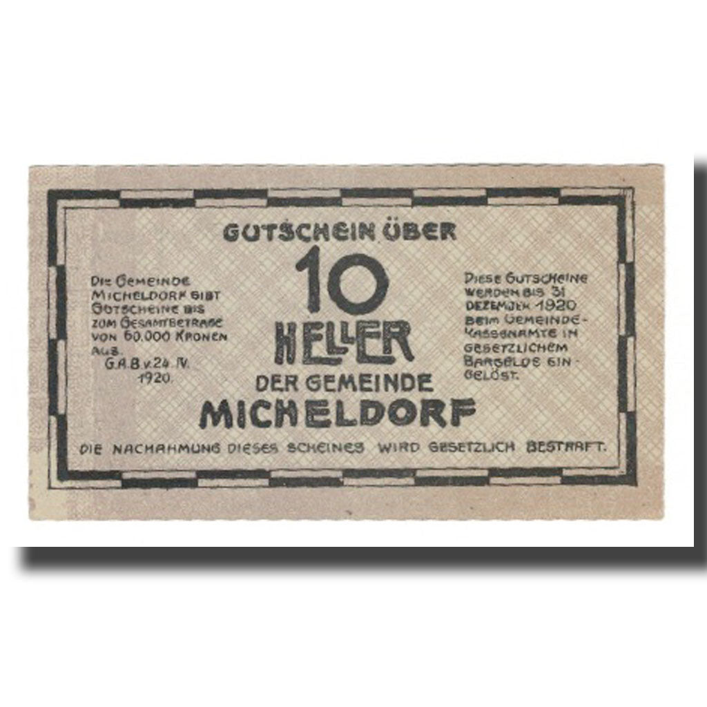 Banknot, Austria, Micheldorf O.Ö. Gemeinde, 10 Heller, Enclume 1, 1920
