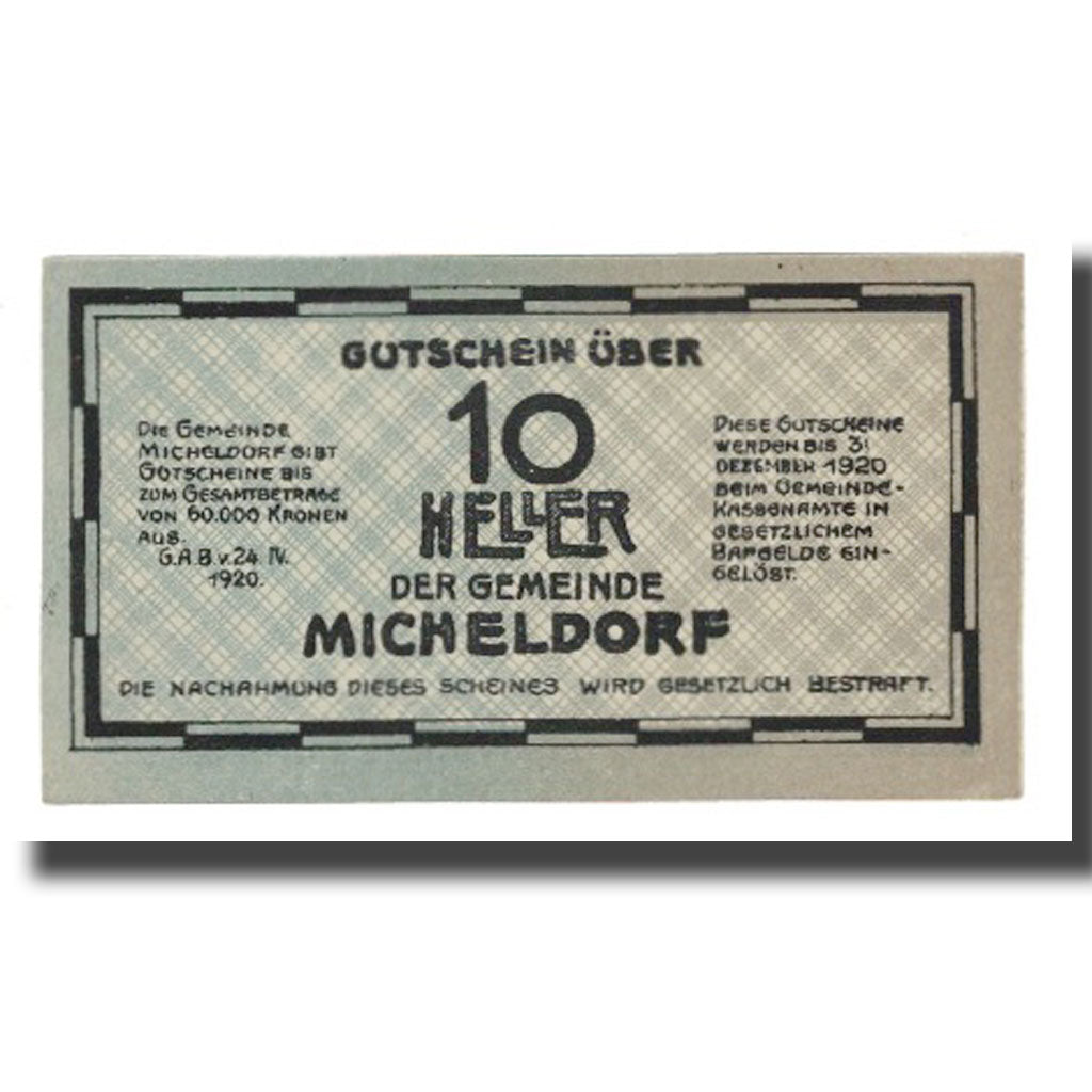 Banknote, Austria, Micheldorf O.Ö. Gemeinde, 10 Heller, Enclume 2, 1920