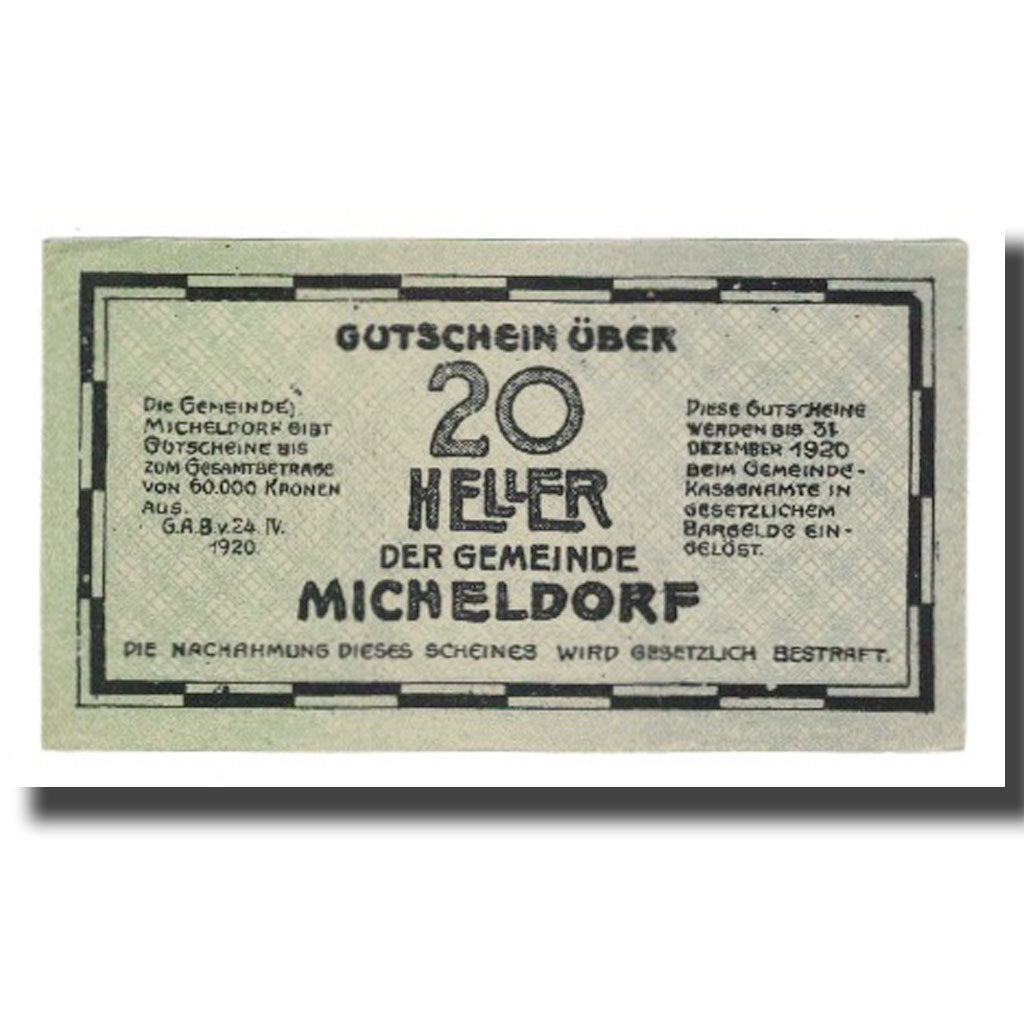 Banknot, Austria, Micheldorf O.Ö. Gemeinde, 20 Heller, paysage, 1920