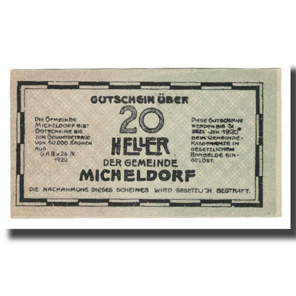 Banknot, Austria, Micheldorf O.Ö. Gemeinde, 20 Heller, paysage 1, 1920