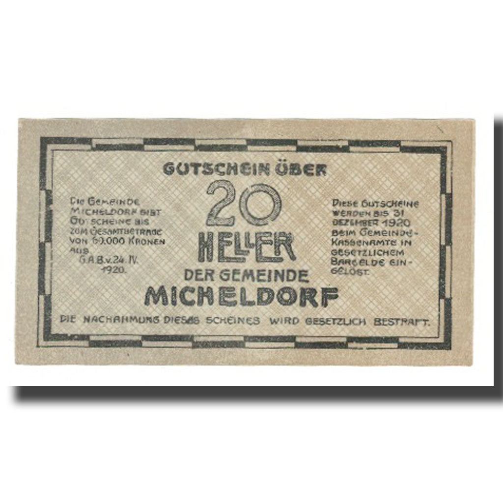 Banknot, Austria, Micheldorf O.Ö. Gemeinde, 20 Heller, paysage 2, 1920