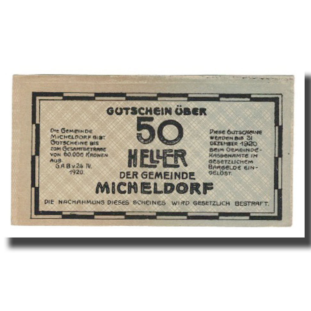 Banknot, Austria, Micheldorf O.Ö. Gemeinde, 50 Heller, personnage, 1920