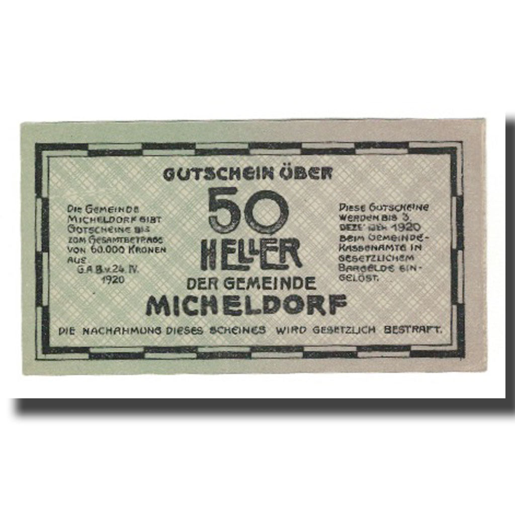 Banknot, Austria, Micheldorf O.Ö. Gemeinde, 50 Heller, personnage 1, 1920