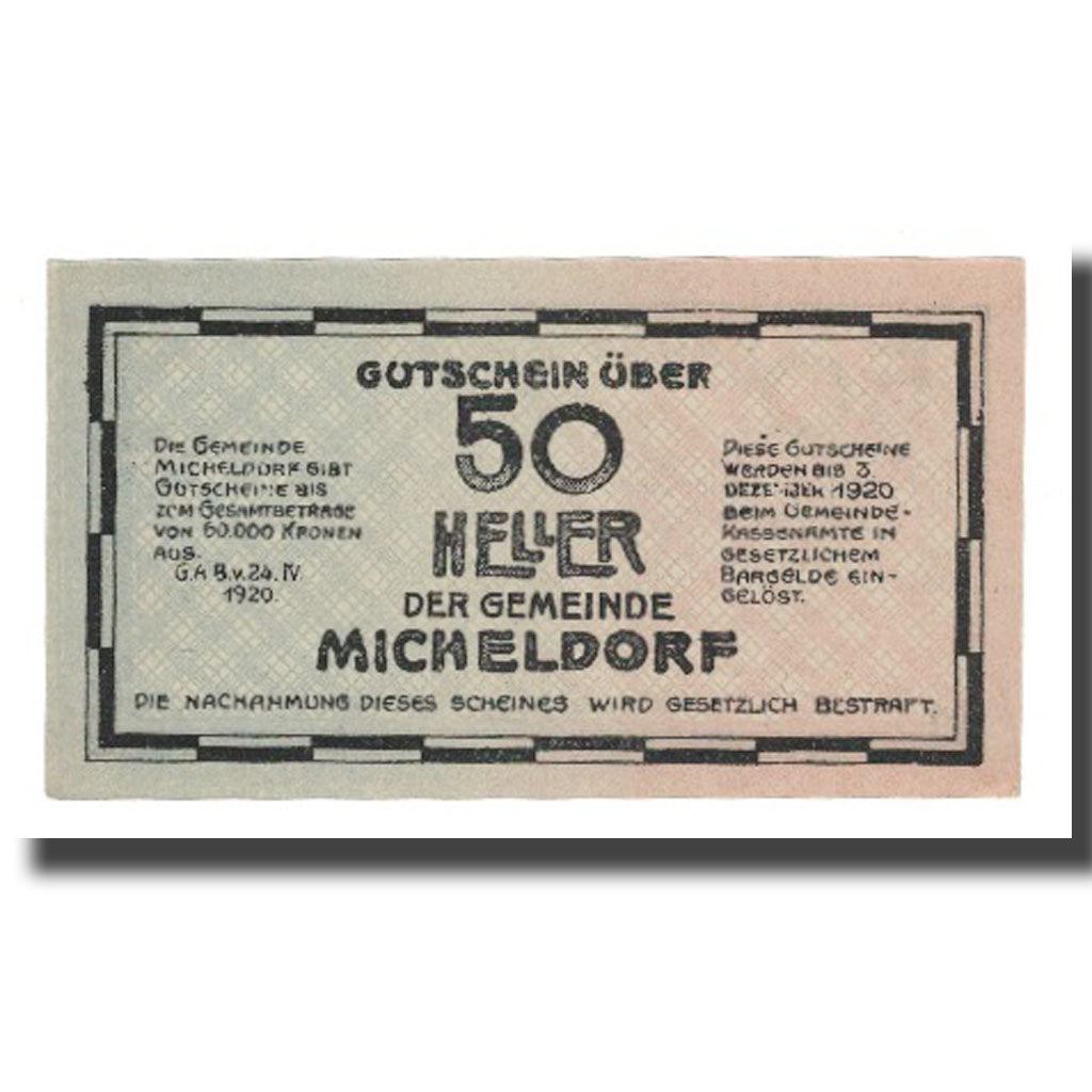 Banknot, Austria, Micheldorf O.Ö. Gemeinde, 50 Heller, personnage 2, 1920