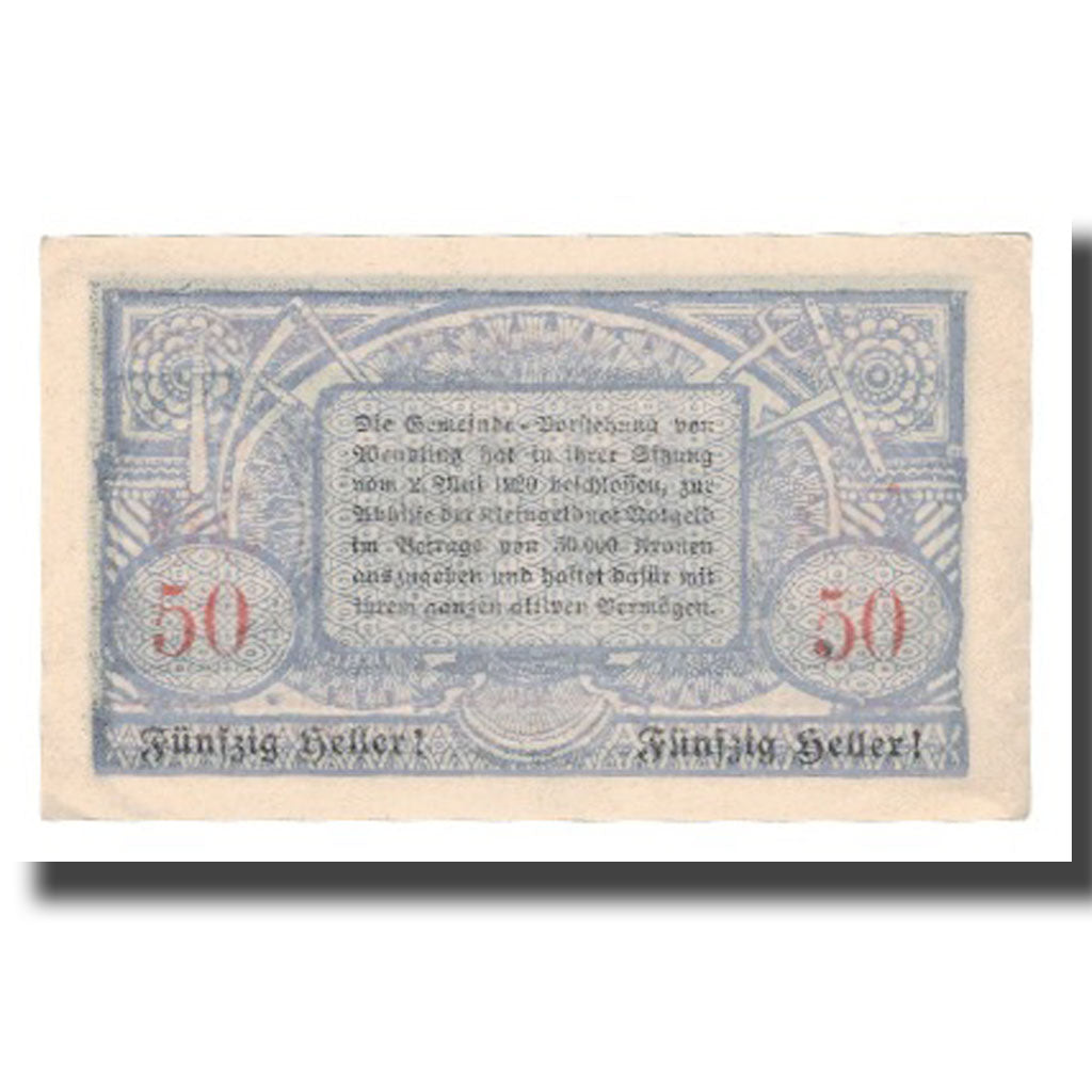 Geldschein, Österreich, Wendling O.Ö. Gemeinde, 50 Heller, Texte 2, 1920