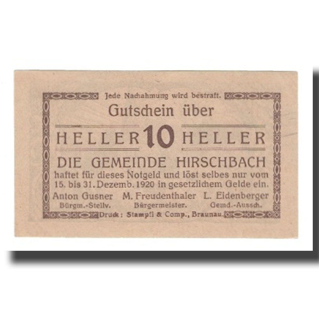 Nota, Áustria, Hirschbach O.Ö. Gemeinde, 10 Heller, Eglise, 1920, 1920-12-31