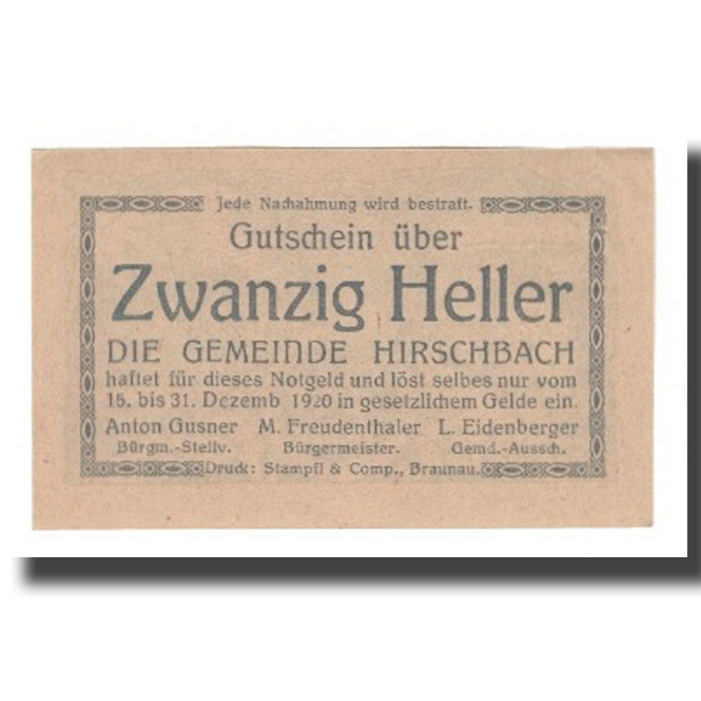Banknot, Austria, Hirschbach O.Ö. Gemeinde, 20 Heller, Eglise 1, 1920