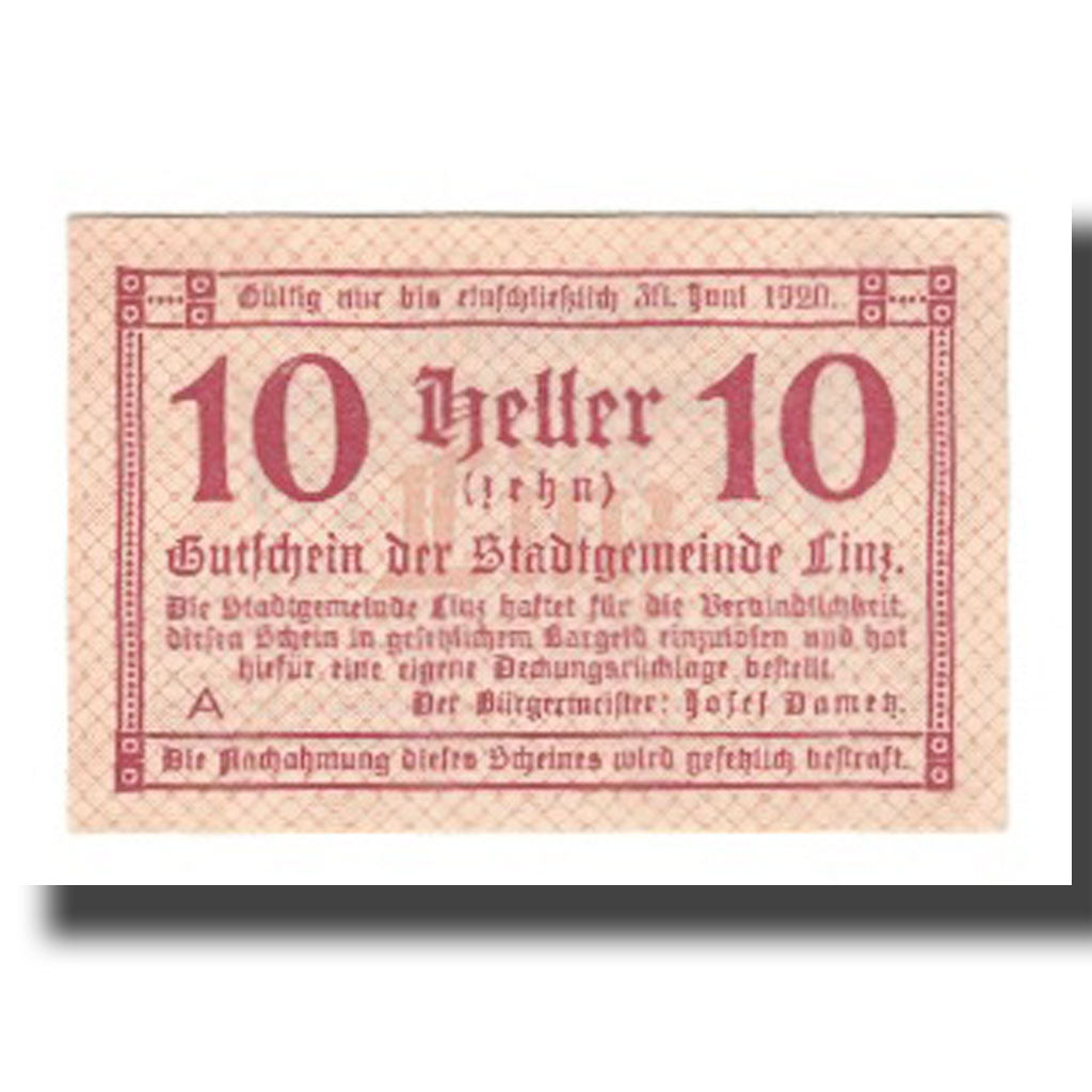 Banknote, Austria, Linz O.Ö. Stadtgemeinde, 10 Heller, texte 1, 1920