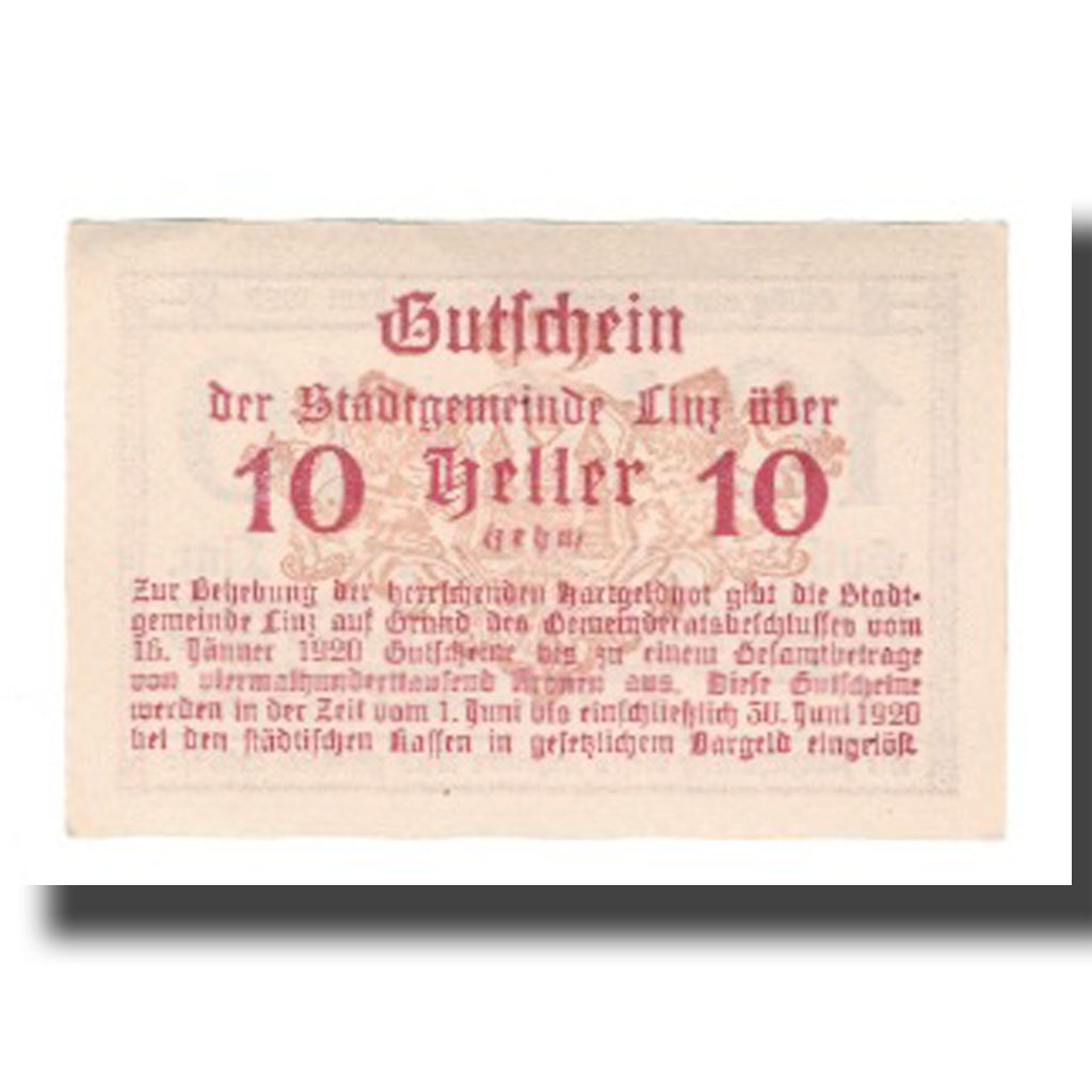 Banknote, Austria, Linz O.Ö. Stadtgemeinde, 10 Heller, texte 1, 1920