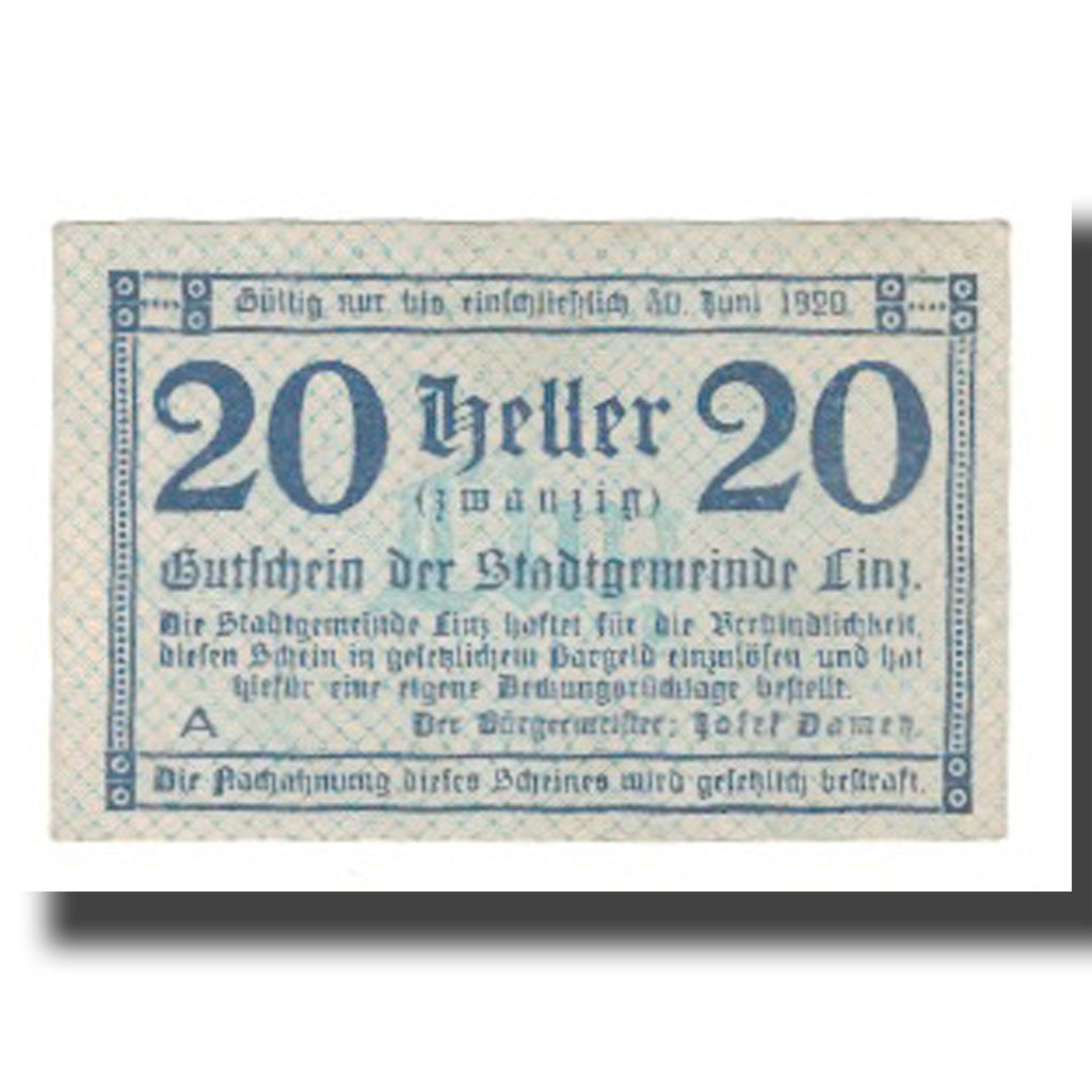 Banknot, Austria, Linz O.Ö. Stadtgemeinde, 20 Heller, Texte 2, 1920