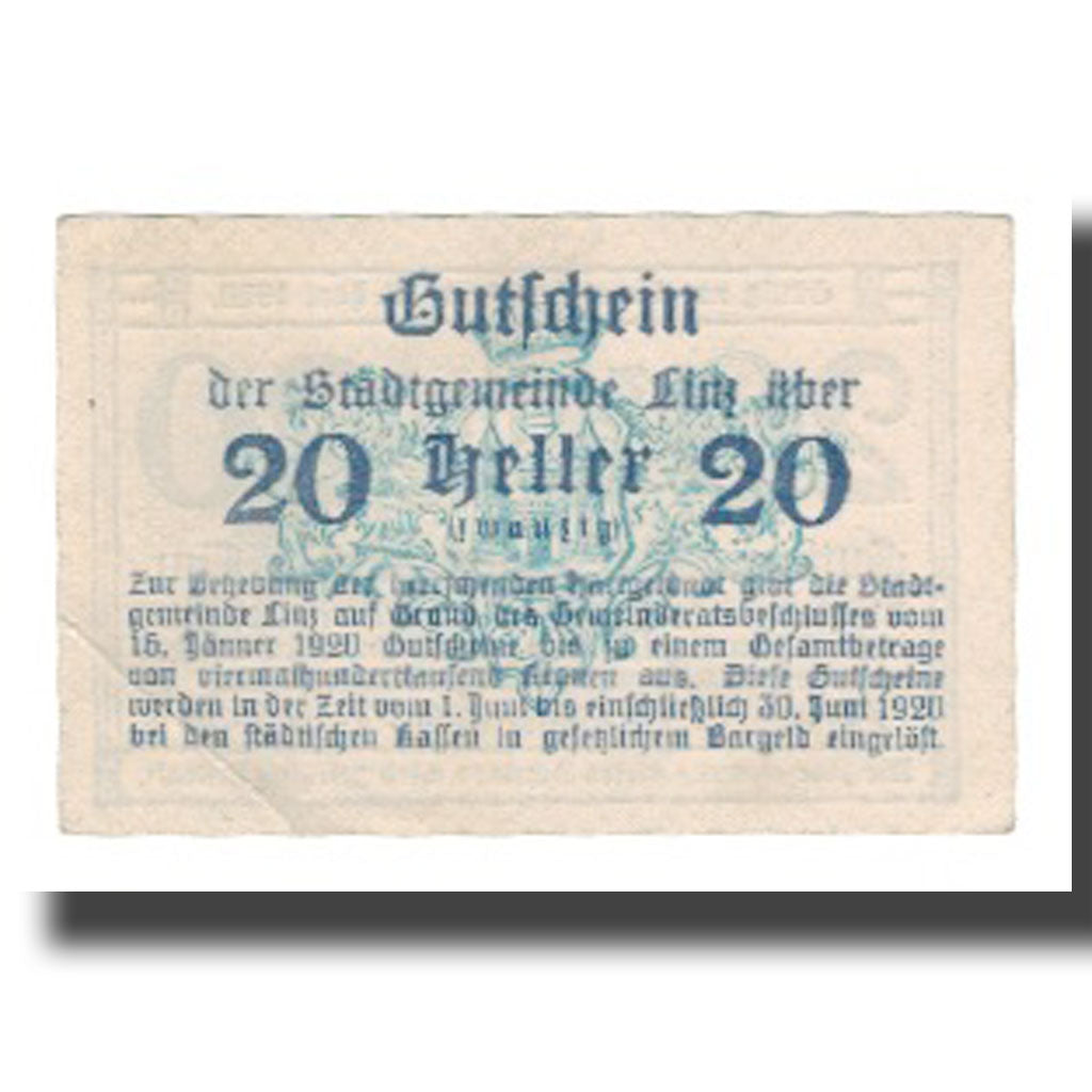 Banknot, Austria, Linz O.Ö. Stadtgemeinde, 20 Heller, Texte 2, 1920