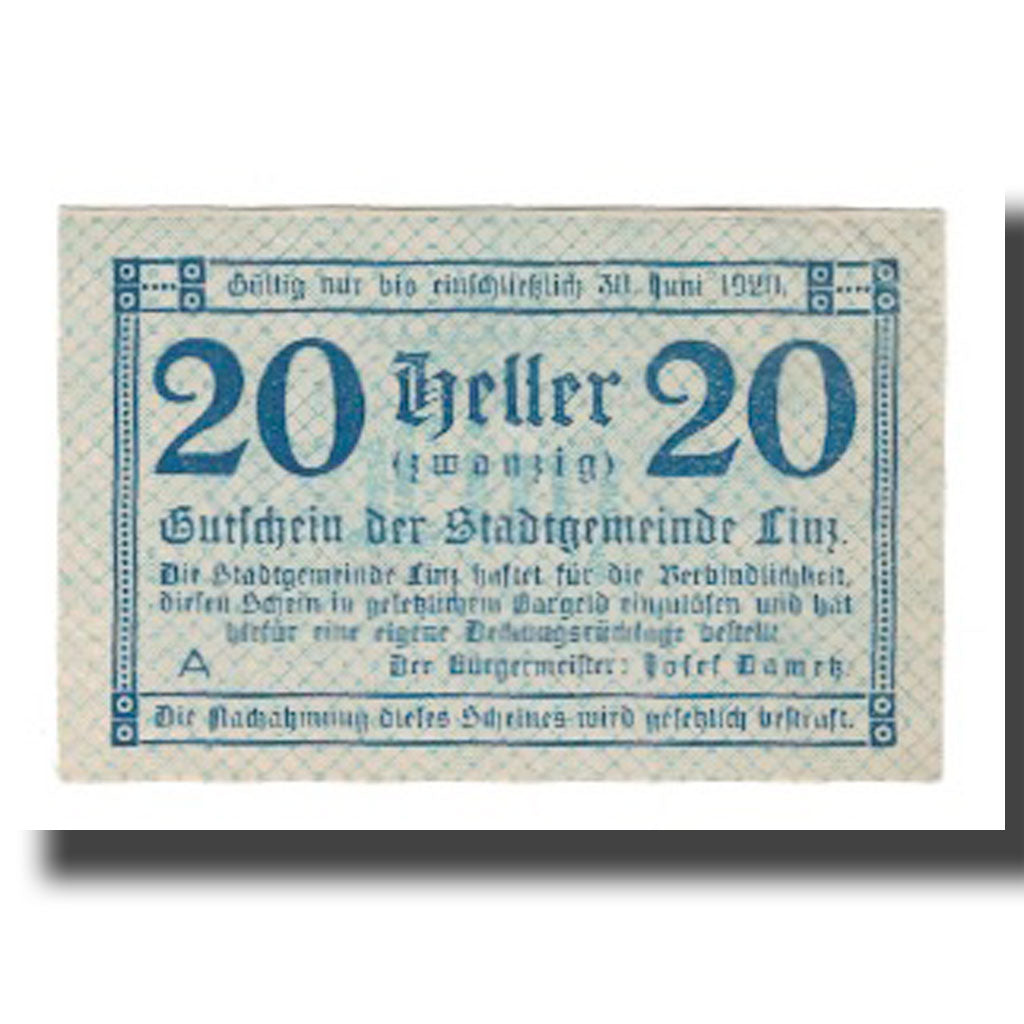 Geldschein, Österreich, Linz O.Ö. Stadtgemeinde, 20 Heller, Texte 3, 1920