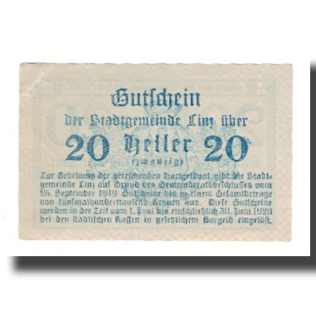 Geldschein, Österreich, Linz O.Ö. Stadtgemeinde, 20 Heller, Texte 3, 1920