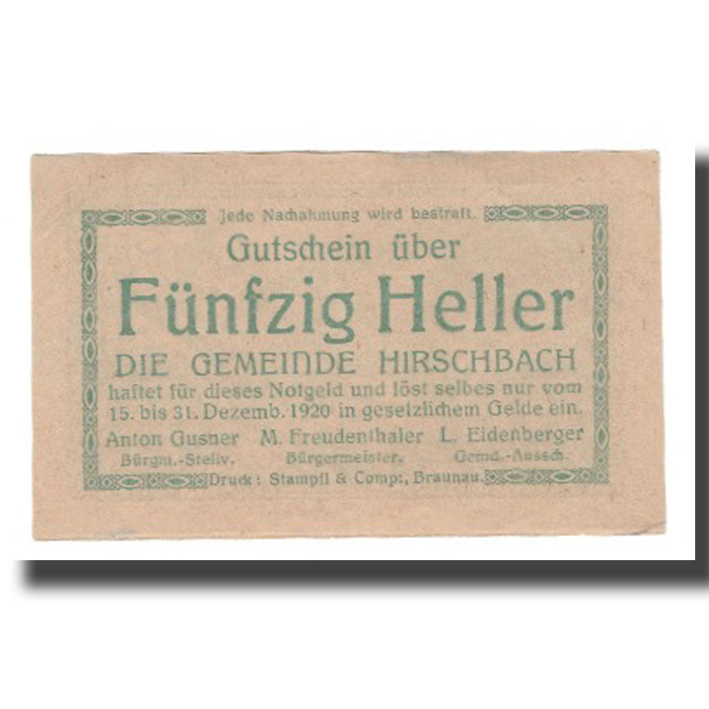 Nota, Áustria, Hirschbach O.Ö. Gemeinde, 50 Heller, Eglise, 1920, 1920-12-31