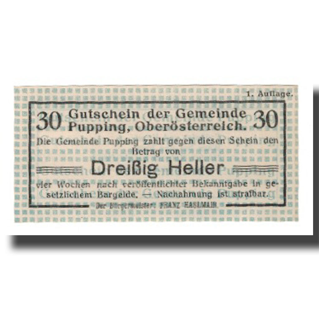 Banknot, Austria, Pupping O.Ö. Gemeinde, 30 Heller, Texte, Undated, AU(55-58)