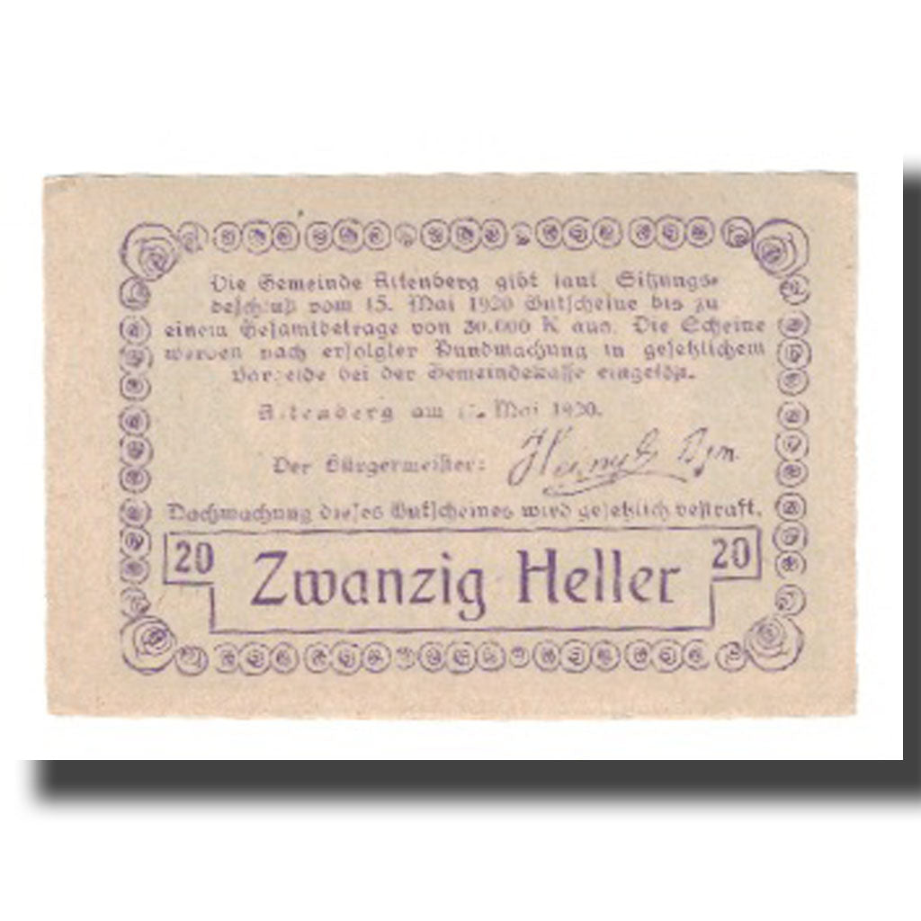 Banknot, Austria, Altenberg O.Ö. Gemeinde, 20 Heller, Texte, 1920, 1920-05-15