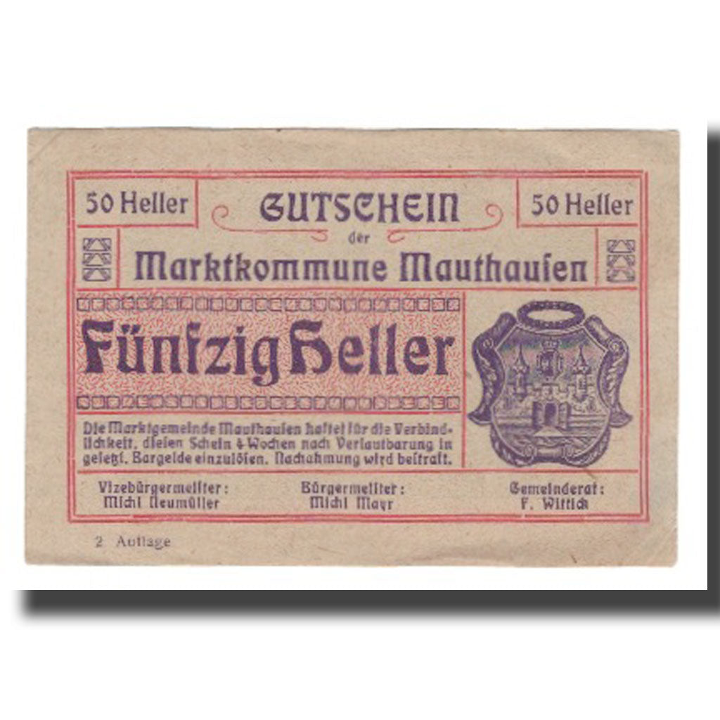 Banconote, Austria, Mauthausen O.Ö. Marktgemeinde, 50 Heller, personnage, SPL-