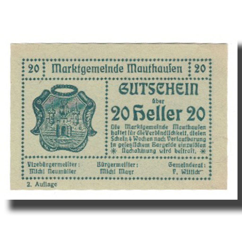 Geldschein, Österreich, Mauthausen O.Ö. Marktgemeinde, 20 Heller, personnage
