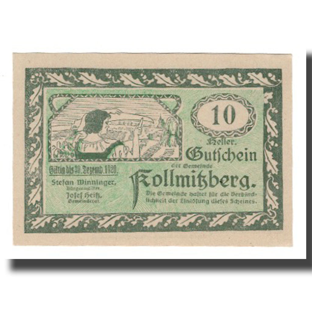Banknot, Austria, Kollmitzberg N.Ö. Gemeinde, 10 Heller, coq, 1920, 1920-12-30