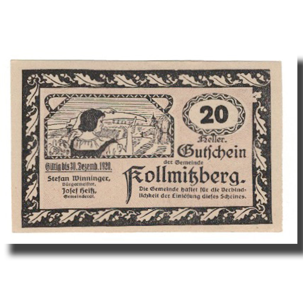 Banknot, Austria, Kollmitzberg N.Ö. Gemeinde, 20 Heller, Coq 1, 1920