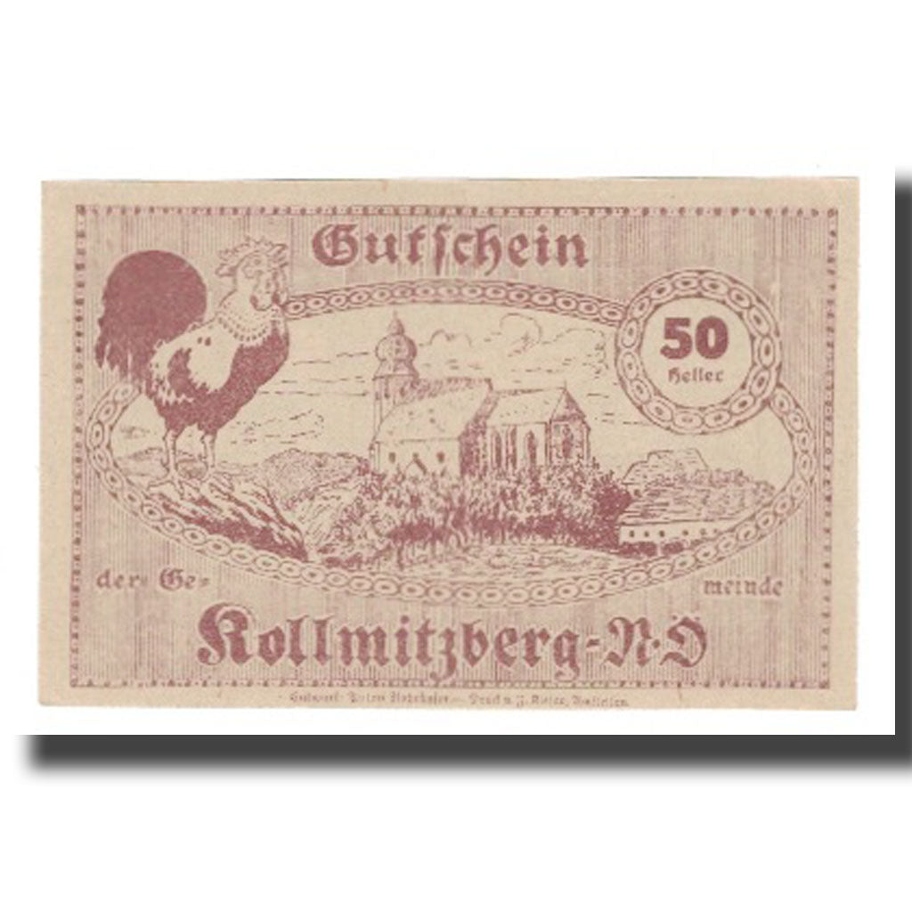 Nota, Áustria, Kollmitzberg N.Ö. Gemeinde, 50 Heller, Coq 2, 1920, 1920-12-30