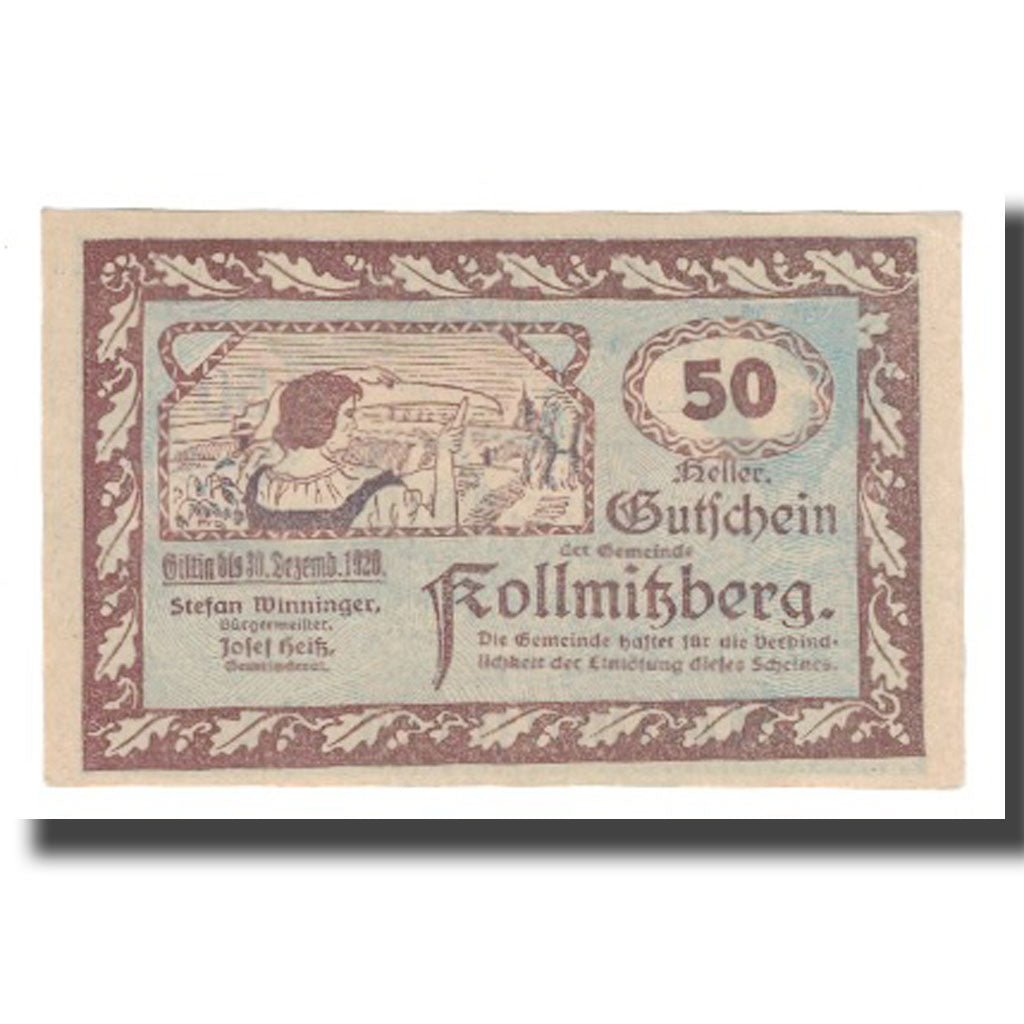 Banknot, Austria, Kollmitzberg N.Ö. Gemeinde, 50 Heller, Coq 3, 1920