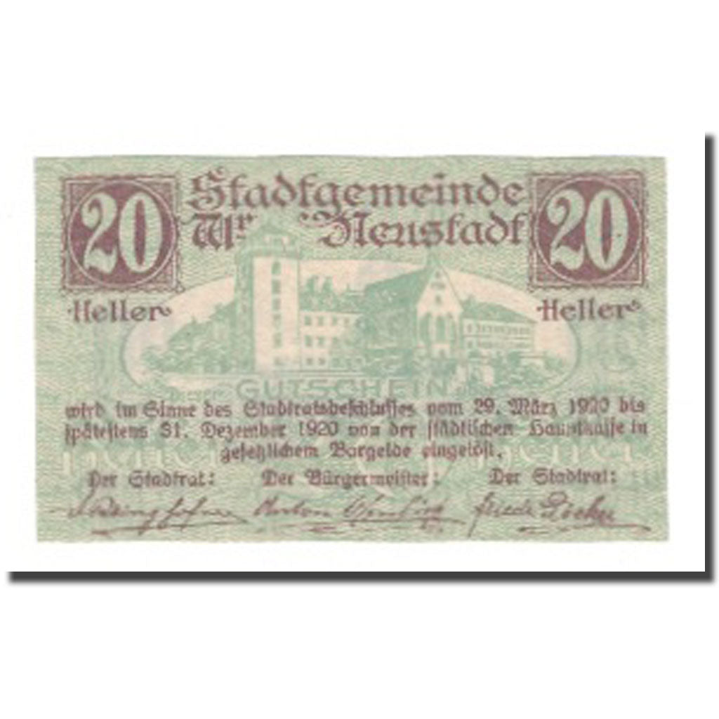 Banknot, Austria, Wiener Neustadt N.Ö. Stadtgemeinde, 20 Heller, tour, 1920