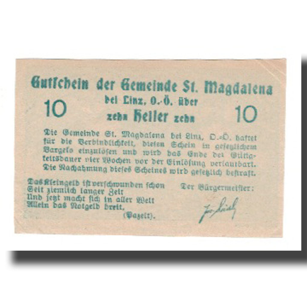 Banknot, Austria, St. Magdalena Bei Linz, O.Ö., Gemeinde, 10 Heller, texte 1