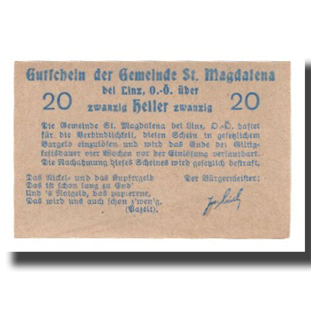 Banknot, Austria, St. Magdalena Bei Linz, O.Ö., Gemeinde, 20 Heller, Texte 2