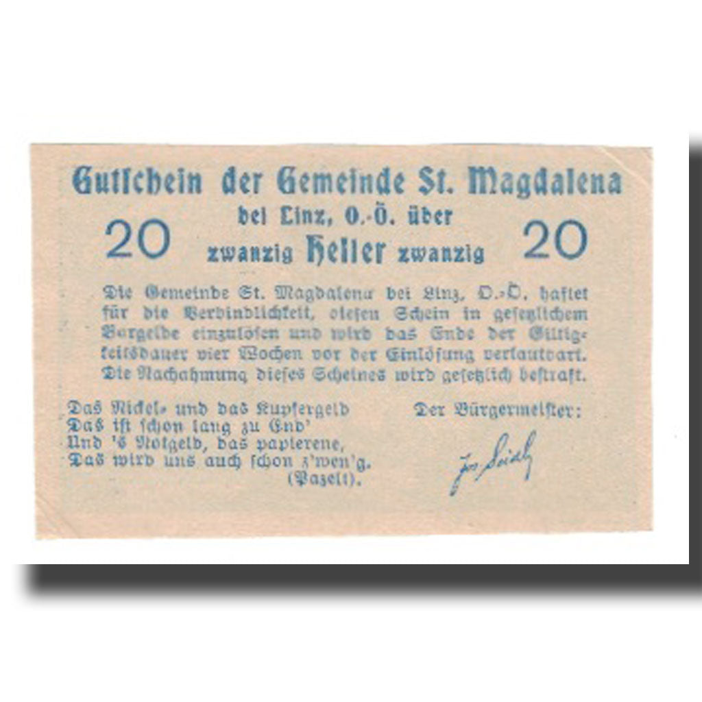 Nota, Áustria, St. Magdalena Bei Linz, O.Ö., Gemeinde, 20 Heller, Texte 3