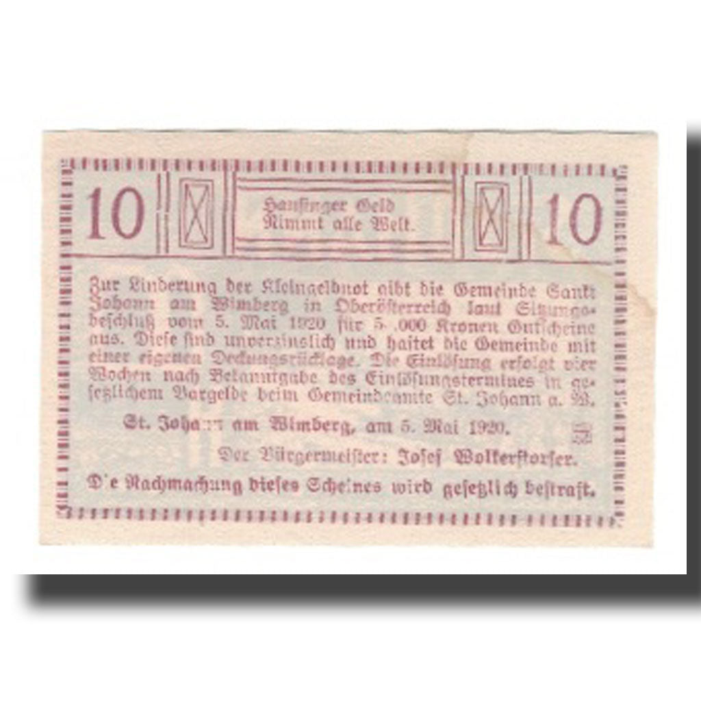 Geldschein, Österreich, St. Johann Am Wimberg O.Ö. Gemeinde, 10 Heller, Texte
