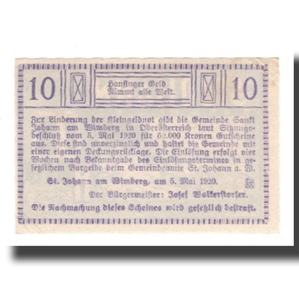 Banknote, Austria, St. Johann Am Wimberg O.Ö. Gemeinde, 10 Heller, Texte 2