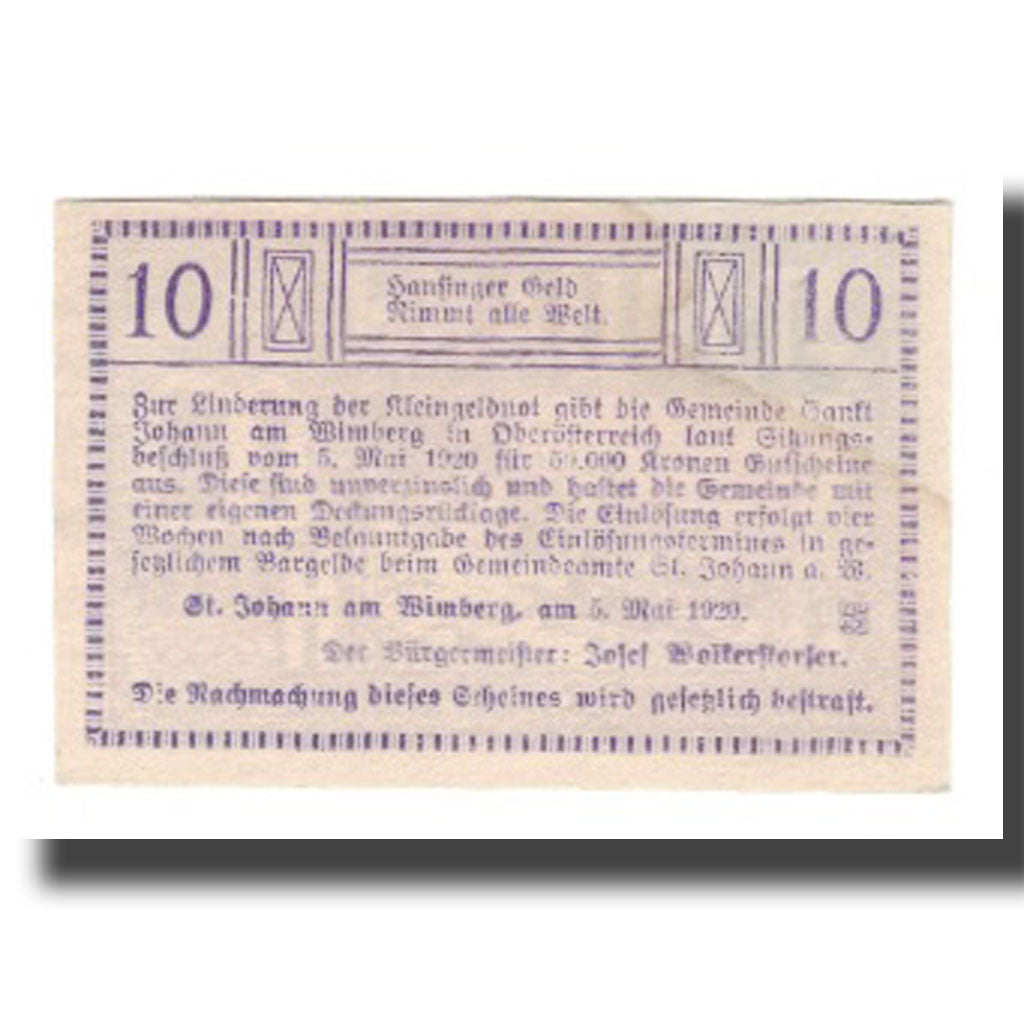 Banknot, Austria, St. Johann Am Wimberg O.Ö. Gemeinde, 10 Heller, Texte 3