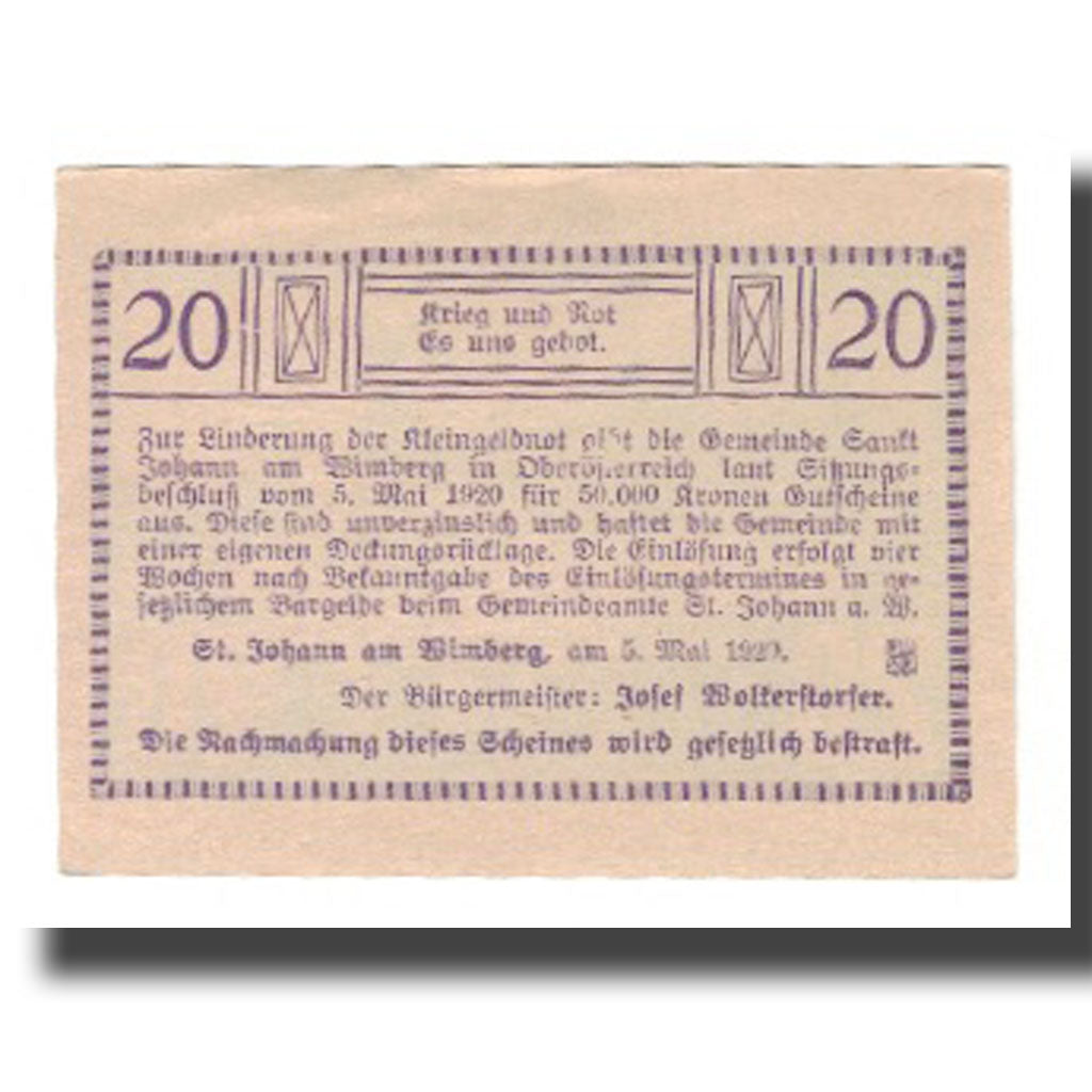 Banknot, Austria, St. Johann Am Wimberg O.Ö. Gemeinde, 20 Heller, Texte 4