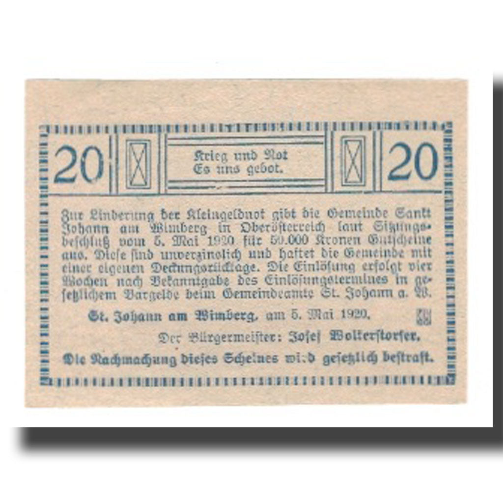 Banknote, Austria, St. Johann Am Wimberg O.Ö. Gemeinde, 20 Heller, Texte  5