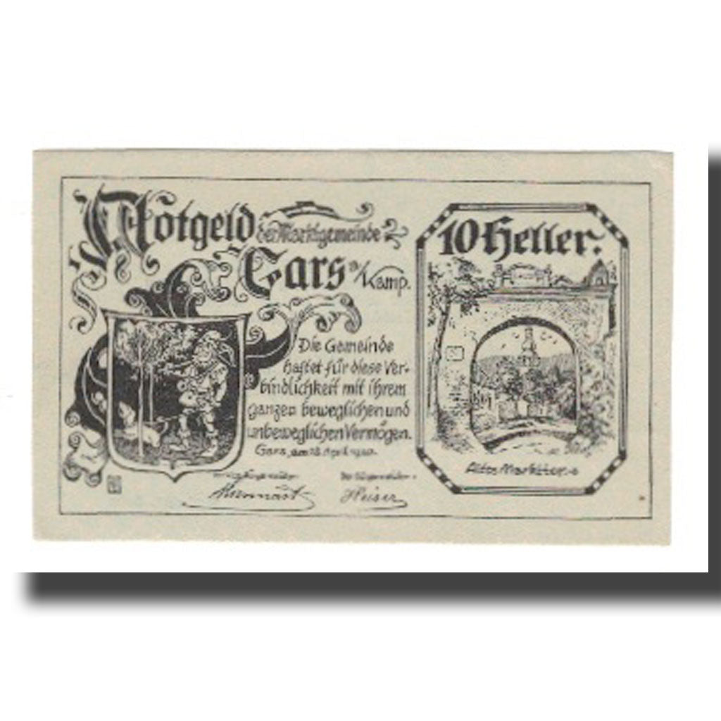 Geldschein, Österreich, Gars am Kamp N.Ö. Marktgemeinde, 10 Heller, Texte