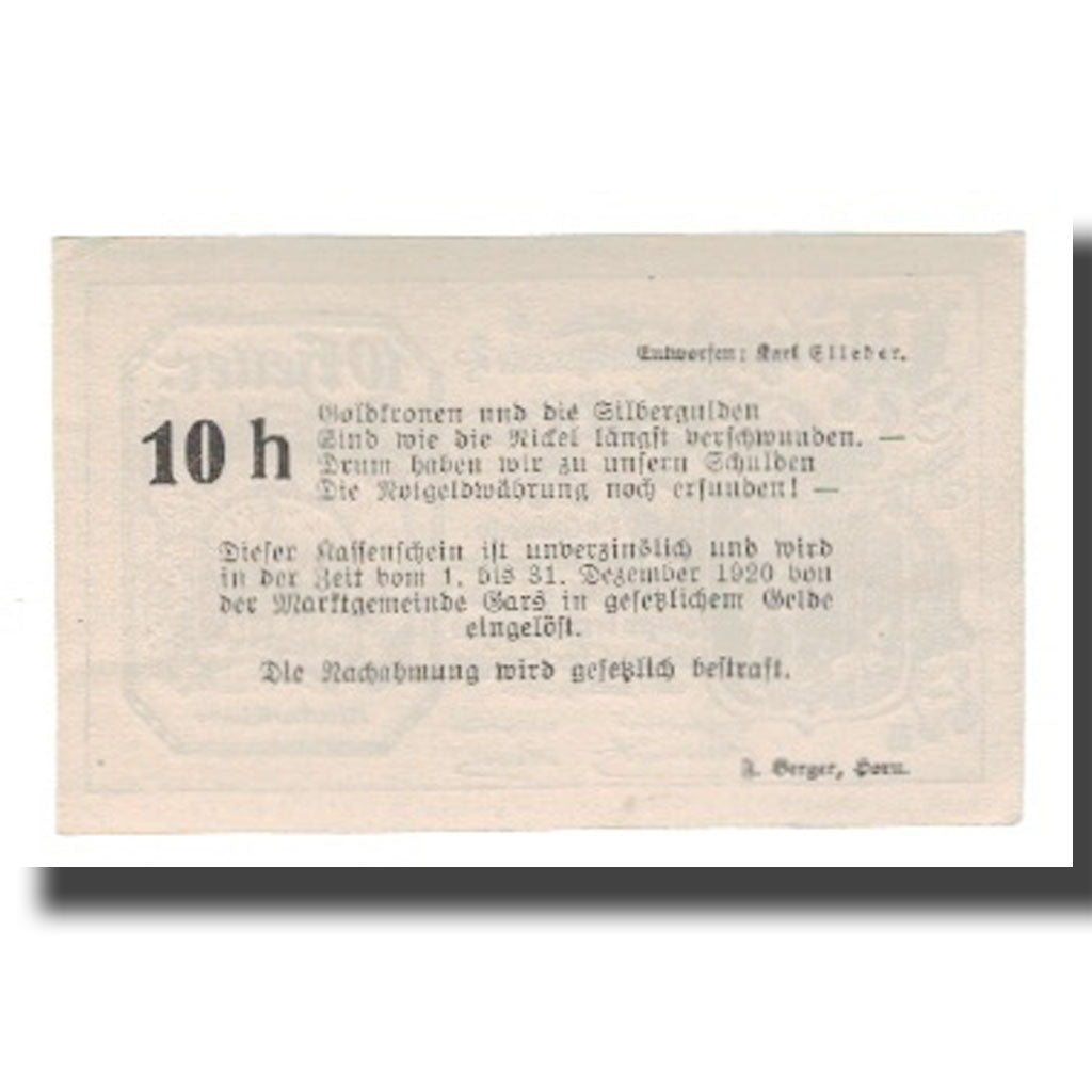 Geldschein, Österreich, Gars am Kamp N.Ö. Marktgemeinde, 10 Heller, Texte