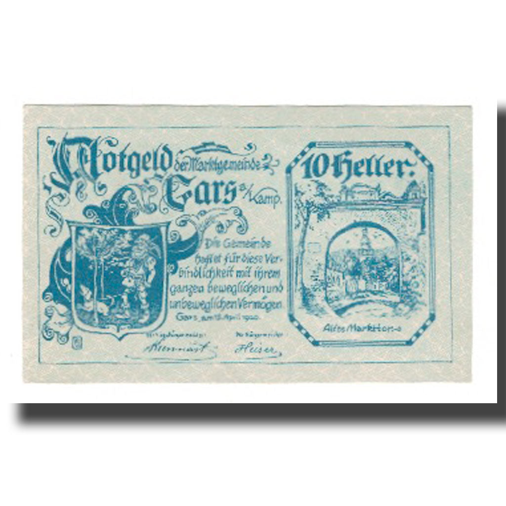 Geldschein, Österreich, Gars am Kamp N.Ö. Marktgemeinde, 10 Heller, texte 1
