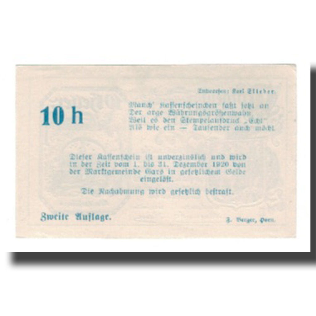 Geldschein, Österreich, Gars am Kamp N.Ö. Marktgemeinde, 10 Heller, texte 1