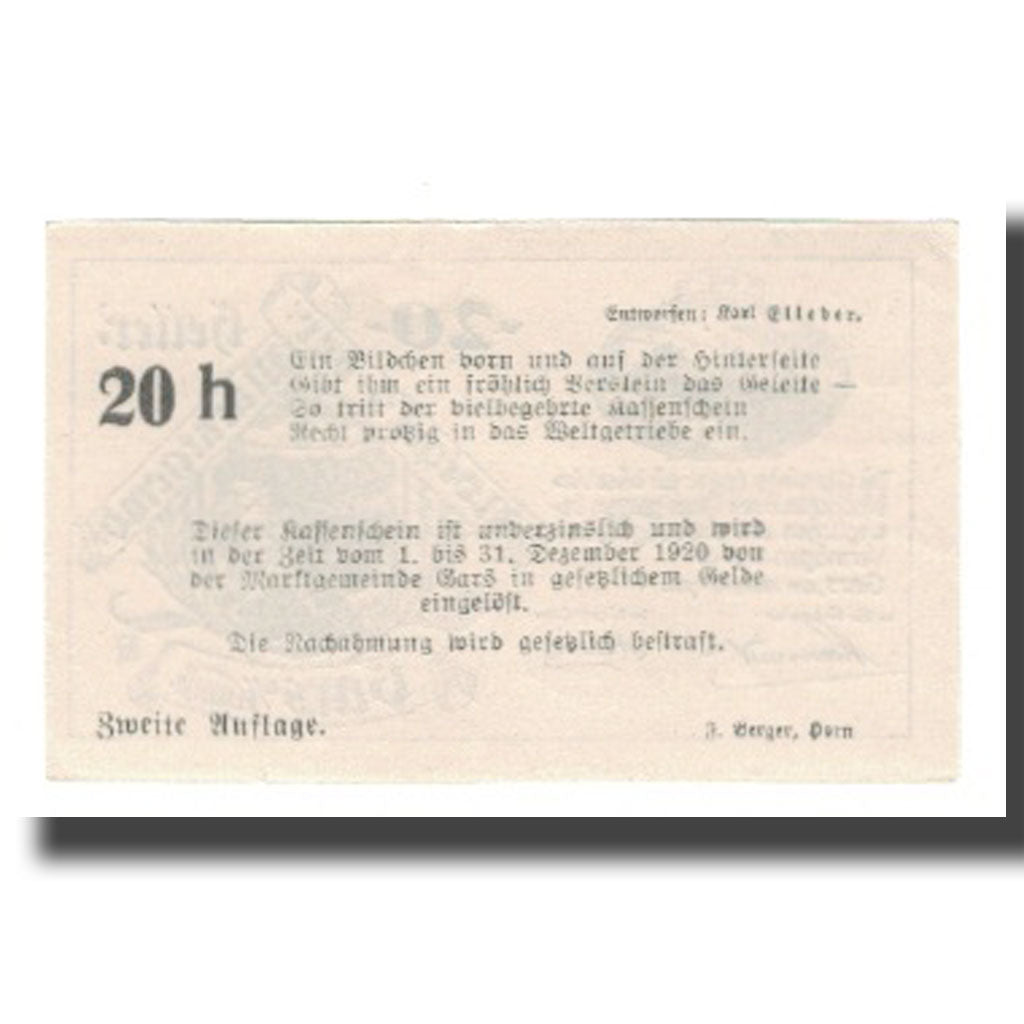 Geldschein, Österreich, Gars am Kamp N.Ö. Marktgemeinde, 20 Heller, Texte 2