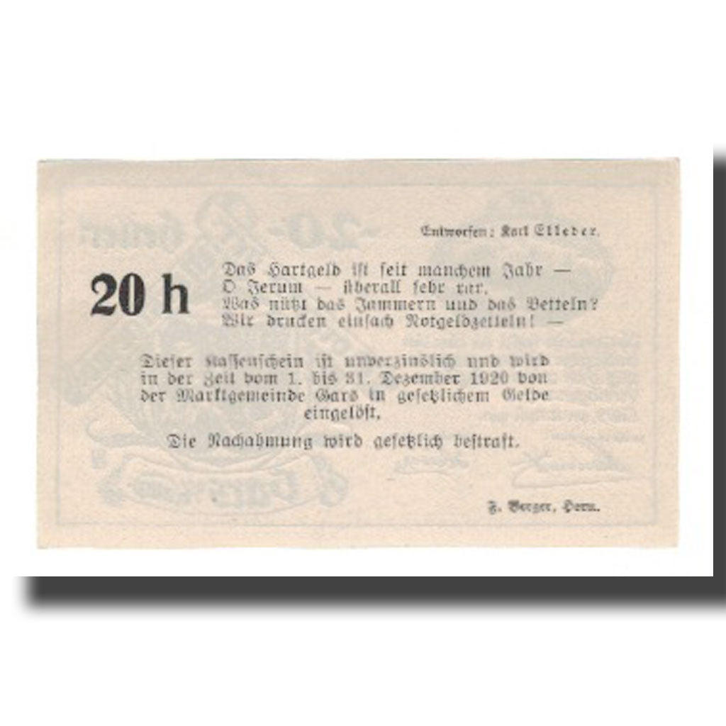 Banknote, Austria, Gars am Kamp N.Ö. Marktgemeinde, 20 Heller, Texte 3, 1920