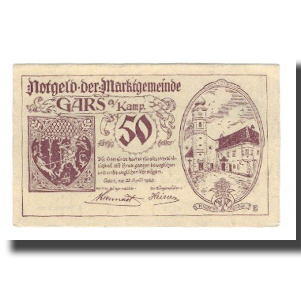 Banknot, Austria, Gars am Kamp N.Ö. Marktgemeinde, 50 Heller, Texte 4, 1920