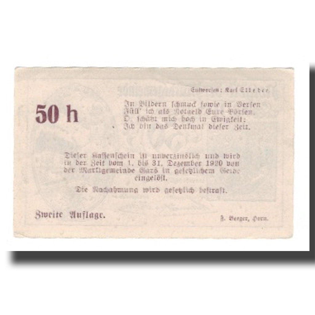 Banknot, Austria, Gars am Kamp N.Ö. Marktgemeinde, 50 Heller, Texte 4, 1920