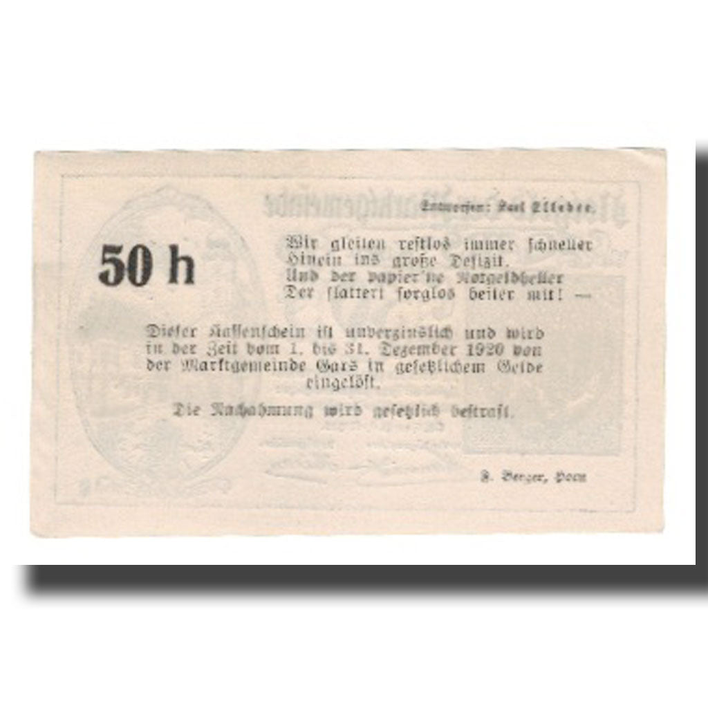 Banknote, Austria, Gars am Kamp N.Ö. Marktgemeinde, 50 Heller, Texte  5, 1920
